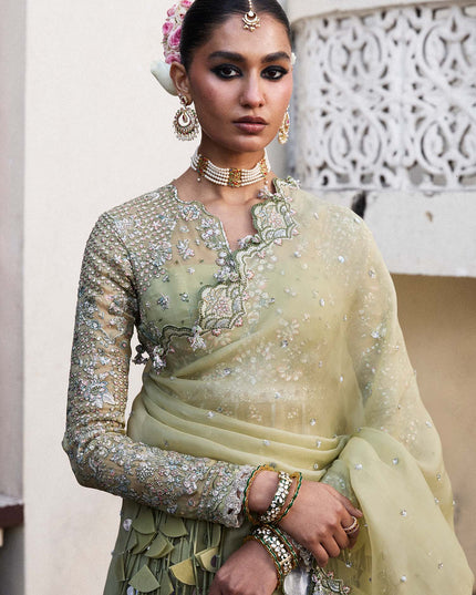 Hussain Rehar | Apple Green Embroidered Organza Peshwas Lehenga