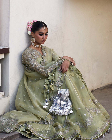 Hussain Rehar | Apple Green Embroidered Organza Peshwas Lehenga