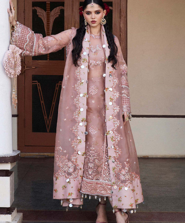 Hussain Rehar | Brownish Pink Embroidered Organza Suit