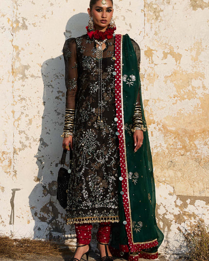 Hussain Rehar | Black Embroidered Organza Churidar Suit