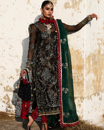 Hussain Rehar | Black Embroidered Organza Churidar Suit