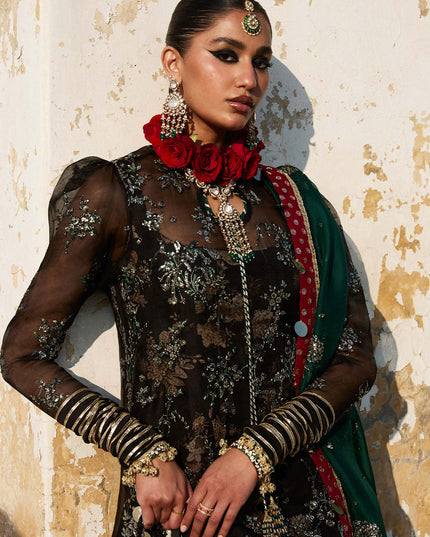 Hussain Rehar | Black Embroidered Organza Churidar Suit