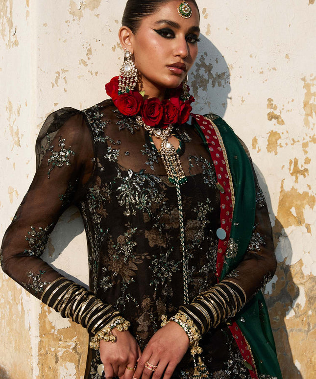 Hussain Rehar | Black Embroidered Organza Churidar Suit