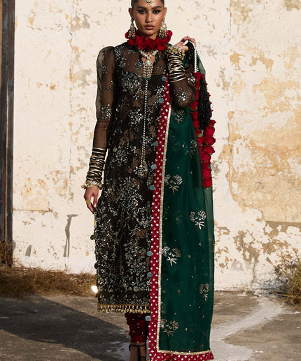 Hussain Rehar | Black Embroidered Organza Churidar Suit