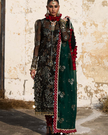Hussain Rehar | Black Embroidered Organza Churidar Suit
