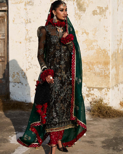 Hussain Rehar | Black Embroidered Organza Churidar Suit