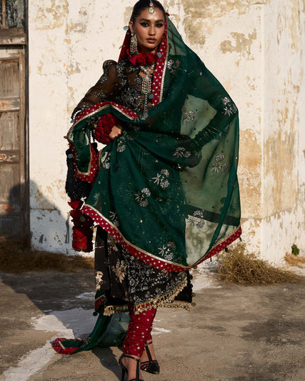 Hussain Rehar | Black Embroidered Organza Churidar Suit