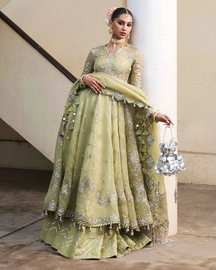 Hussain Rehar | Apple Green Embroidered Organza Peshwas Lehenga