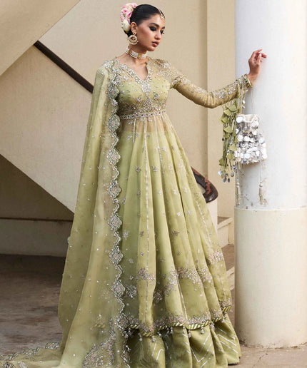 Hussain Rehar | Apple Green Embroidered Organza Peshwas Lehenga
