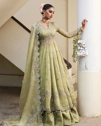 Hussain Rehar | Apple Green Embroidered Organza Peshwas Lehenga