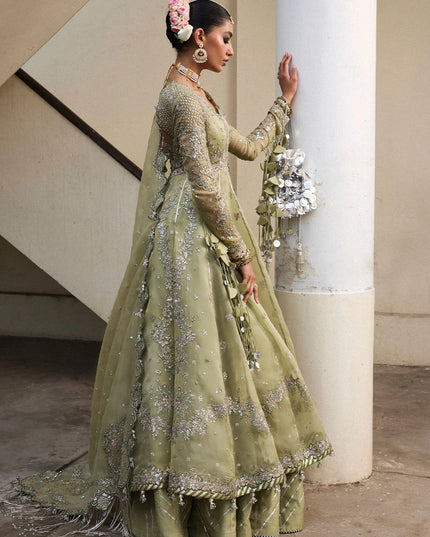 Hussain Rehar | Apple Green Embroidered Organza Peshwas Lehenga