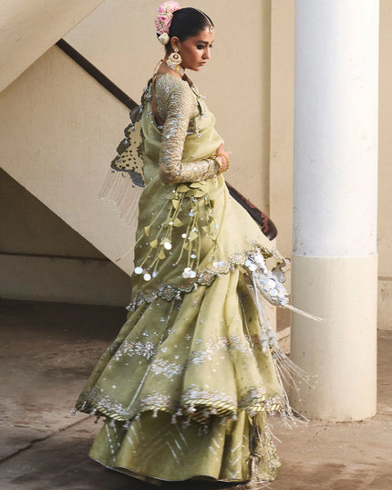 Hussain Rehar | Apple Green Embroidered Organza Peshwas Lehenga