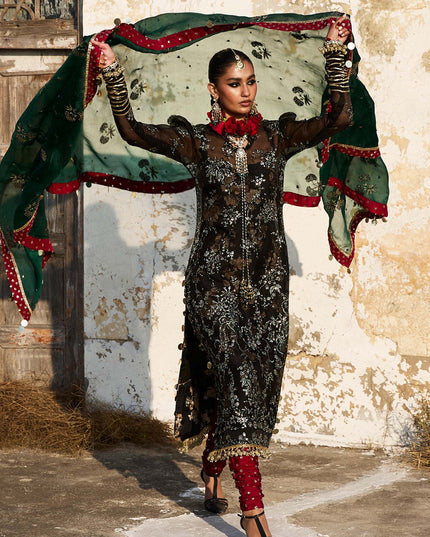 Hussain Rehar | Black Embroidered Organza Churidar Suit