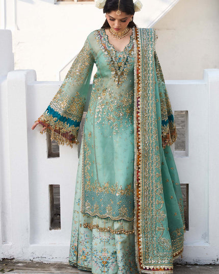 Hussain Rehar | Turquoise Embroidered Organza Sharara