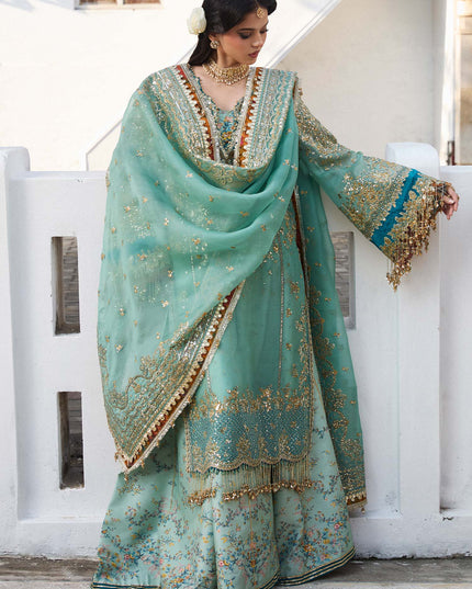 Hussain Rehar | Turquoise Embroidered Organza Sharara