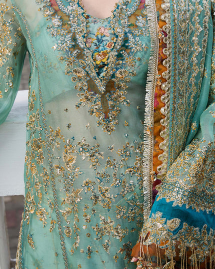 Hussain Rehar | Turquoise Embroidered Organza Sharara
