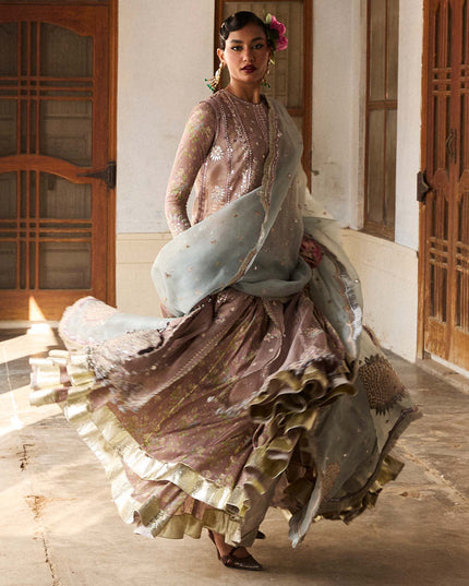 Hussain Rehar | Mouse Grey Embroidered Organza Jacket Lehenga