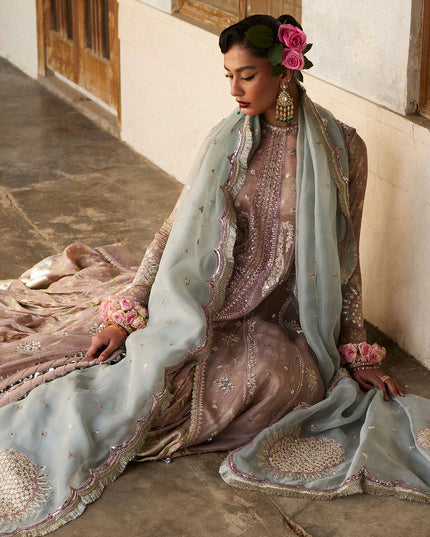 Hussain Rehar | Mouse Grey Embroidered Organza Jacket Lehenga