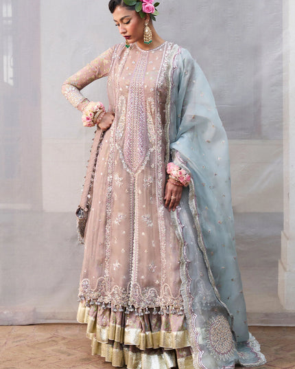 Hussain Rehar | Mouse Grey Embroidered Organza Jacket Lehenga
