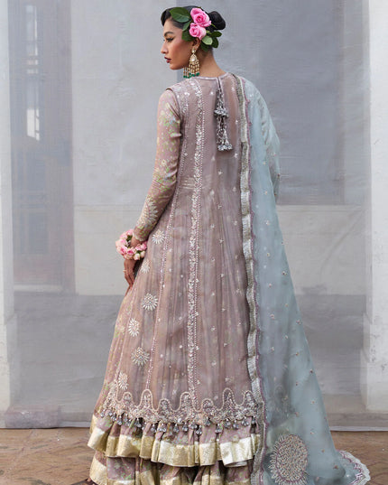 Hussain Rehar | Mouse Grey Embroidered Organza Jacket Lehenga