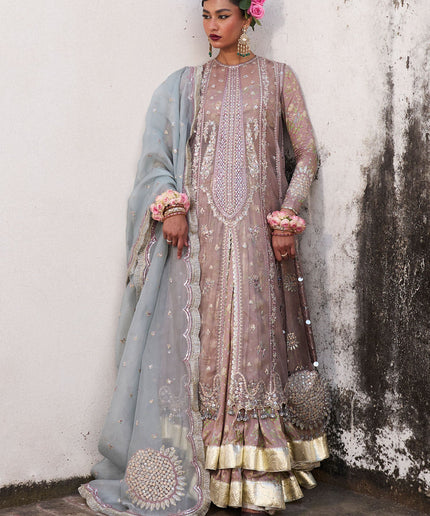 Hussain Rehar | Mouse Grey Embroidered Organza Jacket Lehenga
