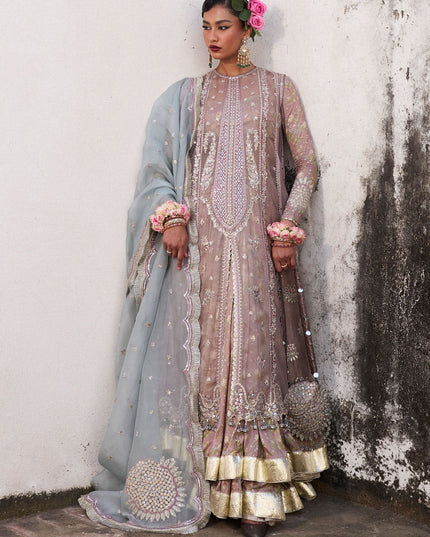Hussain Rehar | Mouse Grey Embroidered Organza Jacket Lehenga
