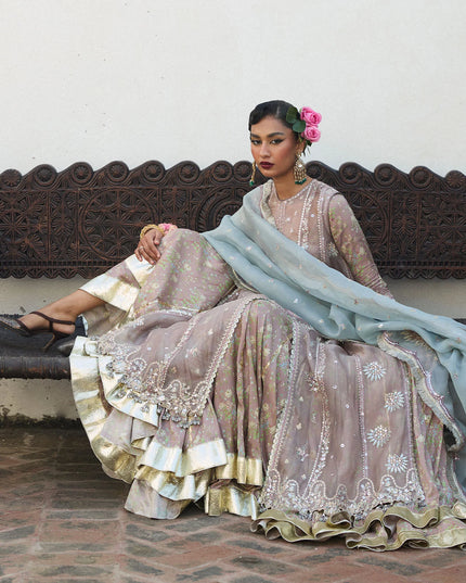 Hussain Rehar | Mouse Grey Embroidered Organza Jacket Lehenga