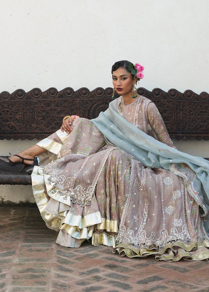 Hussain Rehar | Mouse Grey Embroidered Organza Jacket Lehenga