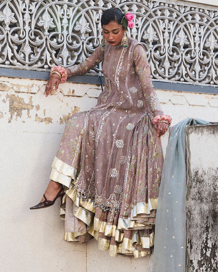 Hussain Rehar | Mouse Grey Embroidered Organza Jacket Lehenga
