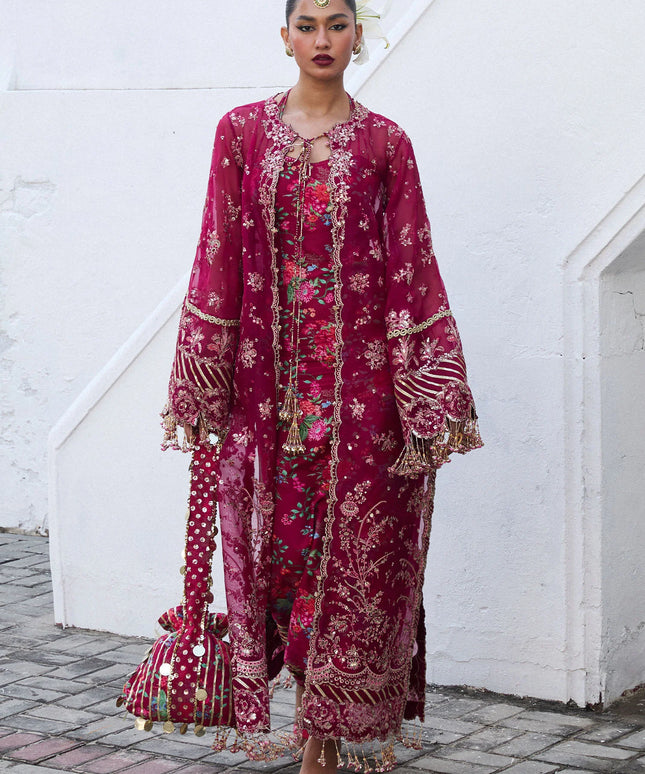 Hussain Rehar | Burgundy Embroidered Organza Jacket Churidar Suit