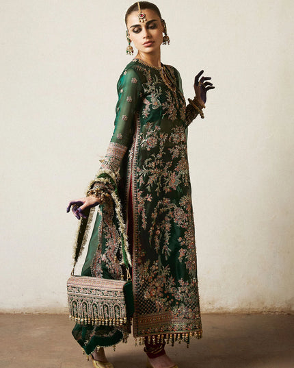Hussain Rehar | Emerald Organza Embroidered Embellished Churidar Suit
