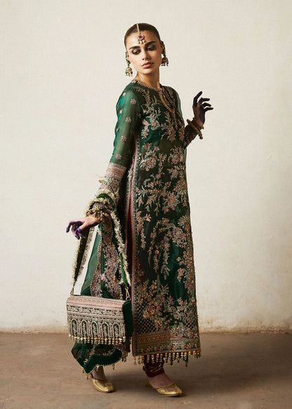 Hussain Rehar | Emerald Organza Embroidered Embellished Churidar Suit
