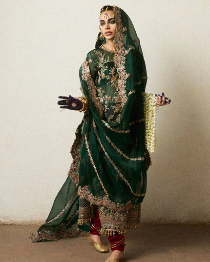 Hussain Rehar | Emerald Organza Embroidered Embellished Churidar Suit