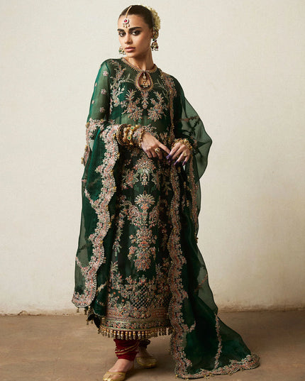Hussain Rehar | Emerald Organza Embroidered Embellished Churidar Suit