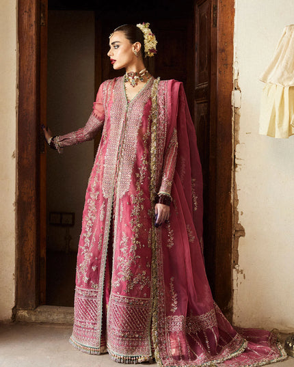 Hussain Rehar | Rose Pink Organza Embroidered Embellished Jacket Lehenga