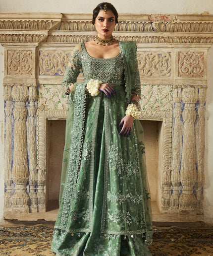 Hussain Rehar | Sage Green Net Embroidered Embellished Peshwas Lehenga
