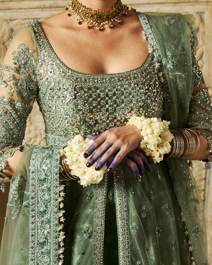 Hussain Rehar | Sage Green Net Embroidered Embellished Peshwas Lehenga