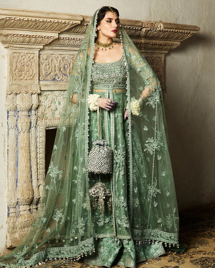 Hussain Rehar | Sage Green Net Embroidered Embellished Peshwas Lehenga