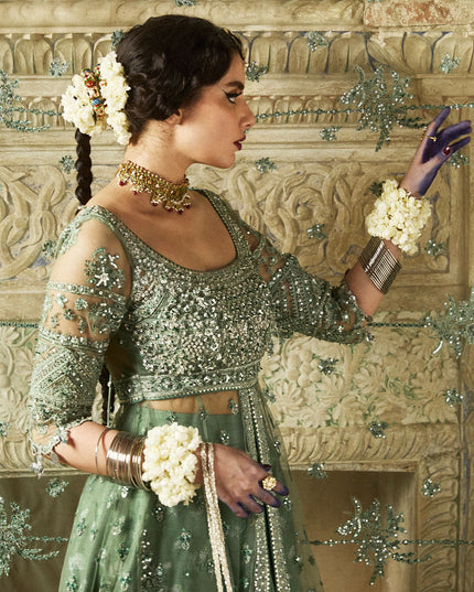 Hussain Rehar | Sage Green Net Embroidered Embellished Peshwas Lehenga