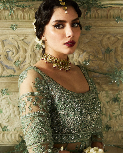 Hussain Rehar | Sage Green Net Embroidered Embellished Peshwas Lehenga