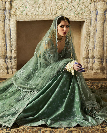 Hussain Rehar | Sage Green Net Embroidered Embellished Peshwas Lehenga