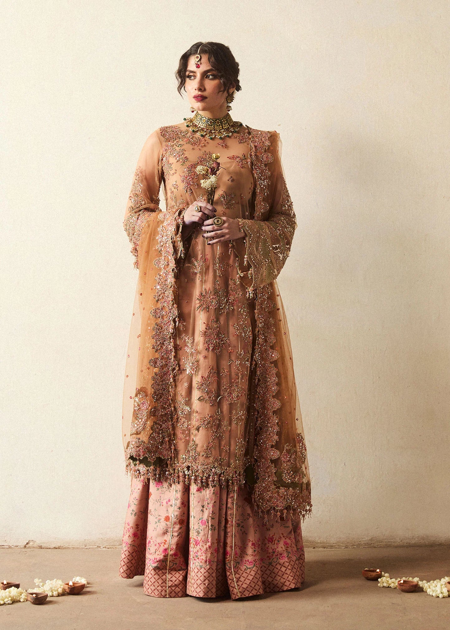 Hussain Rehar | Beige Net Embroidered Embellished Sharara