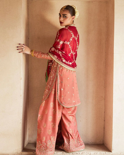 Hussain Rehar | Peach Raw Silk Embellished Suit