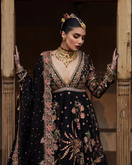 Hussain Rehar | Black Organza Embroidered Embellished Peshwas Suit