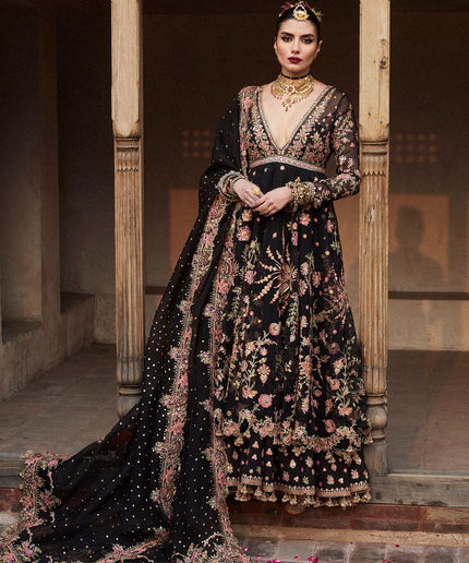 Hussain Rehar | Black Organza Embroidered Embellished Peshwas Suit