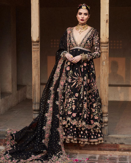 Hussain Rehar | Black Organza Embroidered Embellished Peshwas Suit