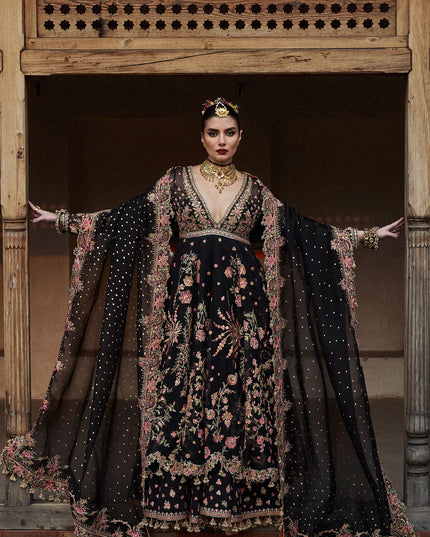 Hussain Rehar | Black Organza Embroidered Embellished Peshwas Suit