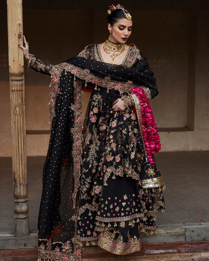 Hussain Rehar | Black Organza Embroidered Embellished Peshwas Suit