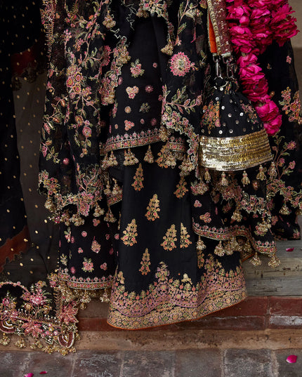 Hussain Rehar | Black Organza Embroidered Embellished Peshwas Suit