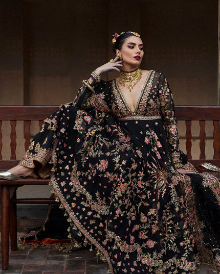 Hussain Rehar | Black Organza Embroidered Embellished Peshwas Suit